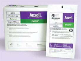 Encore Latex Surgical Gloves: size 9, Sterile, Powder-Free, Textured, Cream Color, Beaded Cuff