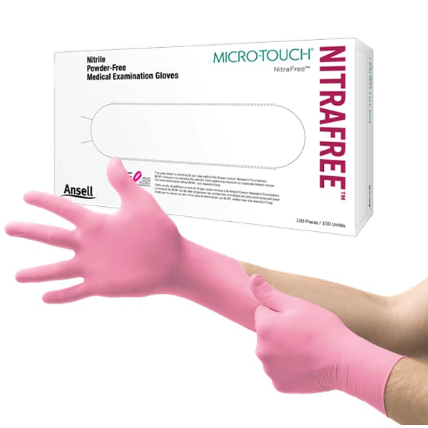 Micro-Touch NitraFree Nitrile, Small Powder-Free Exam Gloves, Pink. Manufactured without