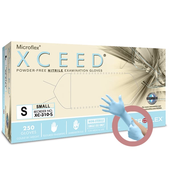 Microflex XCEED Nitrile exam gloves: SMALL powder-free, non-sterile 250/bx, textured fingertips