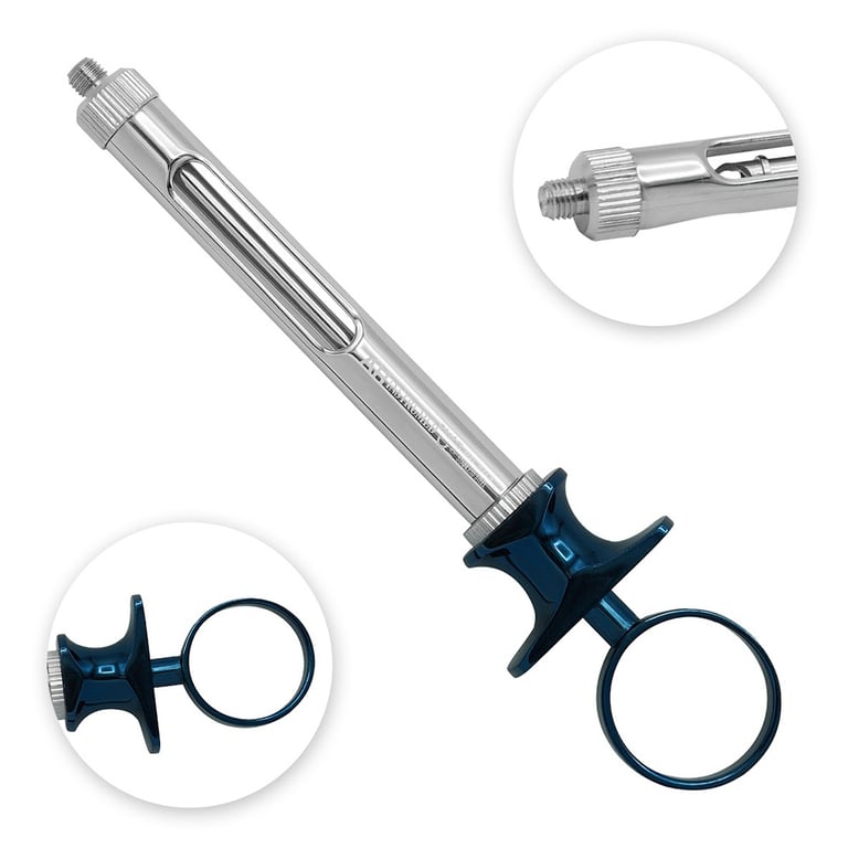 AR Instrumed Stainless Steel Aspirating Syringe, Thumb Ring, 1/Pk. Features blue handle