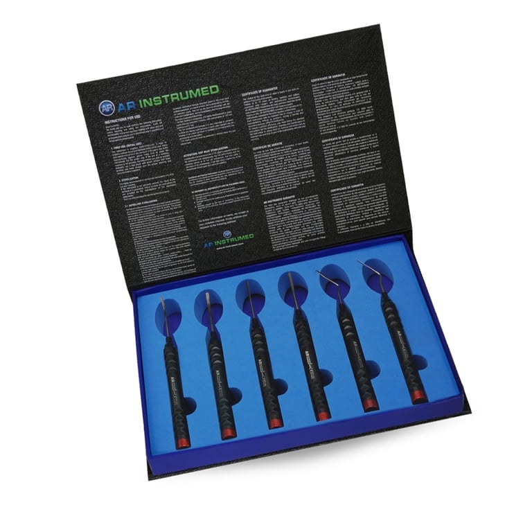 AR Instrumed Stainless Steel Flexible Periotome 6-Piece Set. Includes: 2mm straight-tip, 2mm