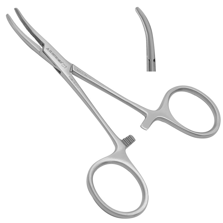 AR Instrumed 4" Stainless Steel Hemostats Forceps, Curved, Serrated, 1/Pk. Features medical-grade