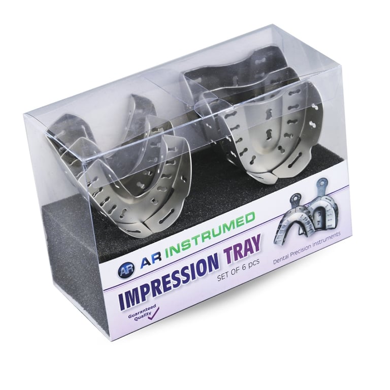 AR Instrumed Stainless Steel Impression Tray 6-Piece Set. Includes: small, medium, and large