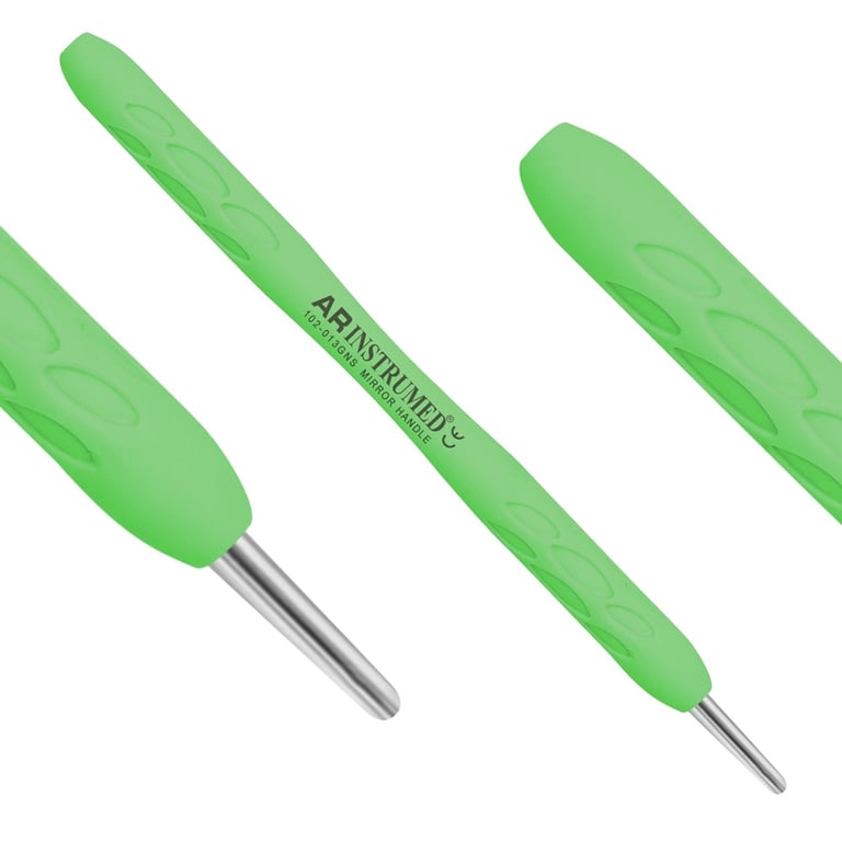 AR Instrumed Stainless Steel Mouth Mirror Handle, Green, 1/Pk. Features silicone handle. Designed