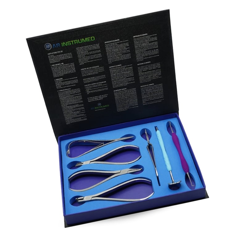 AR Instrumed Ortho Bonding 8-Piece Set. Includes: 12cm bracket tweezers, 4mm straight How utility