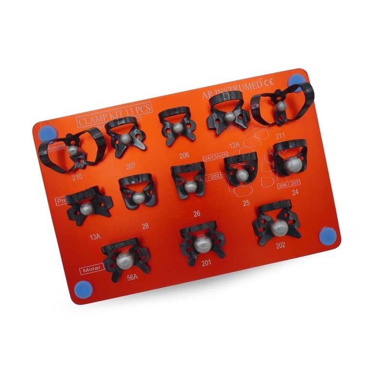 AR Instrumed Rubber Dam Clamps Set, Single Set. Includes: 13 x red silver plate black clamps