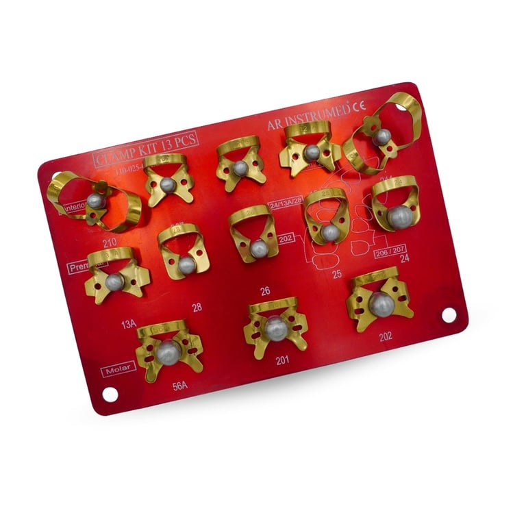 AR Instrumed Stainless Steel Rubber Dam Clamp 13-Piece Kit. Includes: Color-coated in red, silver