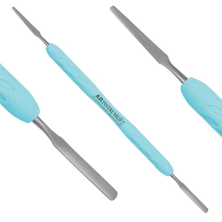 AR Instrumed 4mm/2.2mm Stainless Steel Cement Spatula, Double-Ended, Blue, 1/Pk. Features silicone