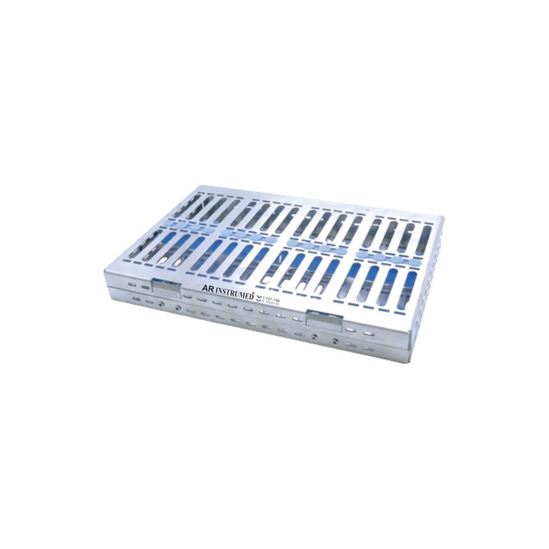 AR Instrumed 7.56" x 11.34" x 1.34" Stainless Steel Sterilization Cassette Tray, 20 Instruments