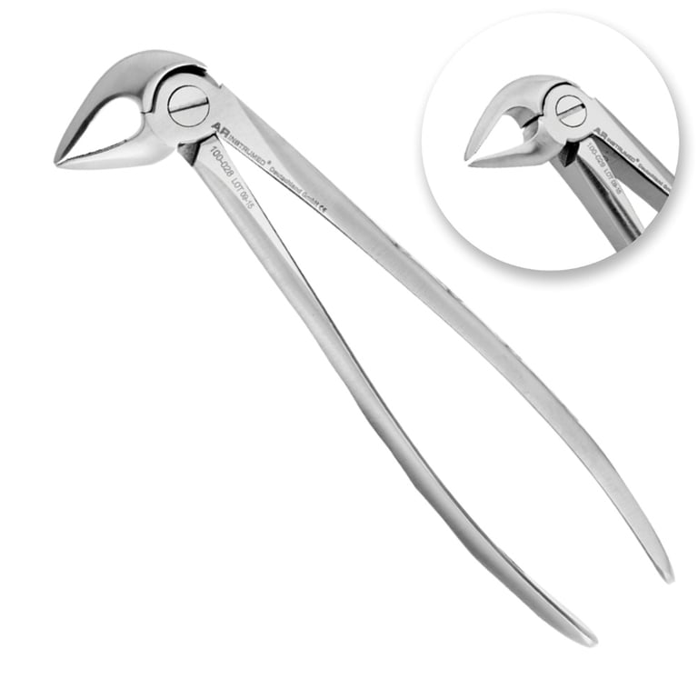 AR Instrumed #33A Stainless Steel Adult Lower Roots Extracting Forceps, Long Curved Tip, Serrated