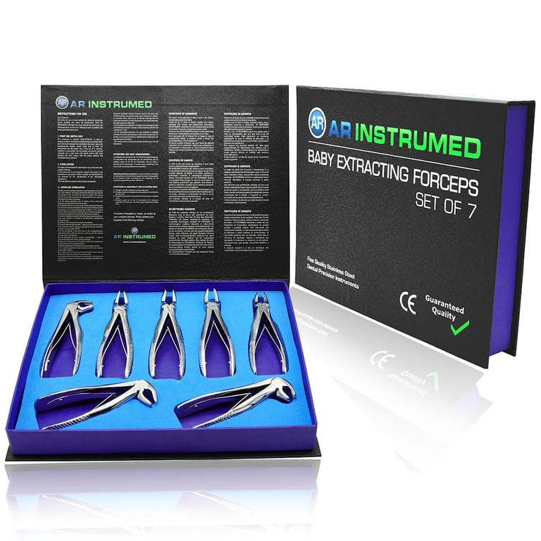 AR Instrumed Child Stainless Steel Extraction Forceps 7 Piece Set. Includes: Upper incisor, upper