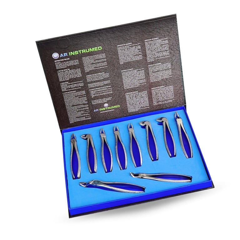 AR Instrumed Stainless Steel Adult Micro Extracting Forceps 10-Piece Set. Includes: #1 upper