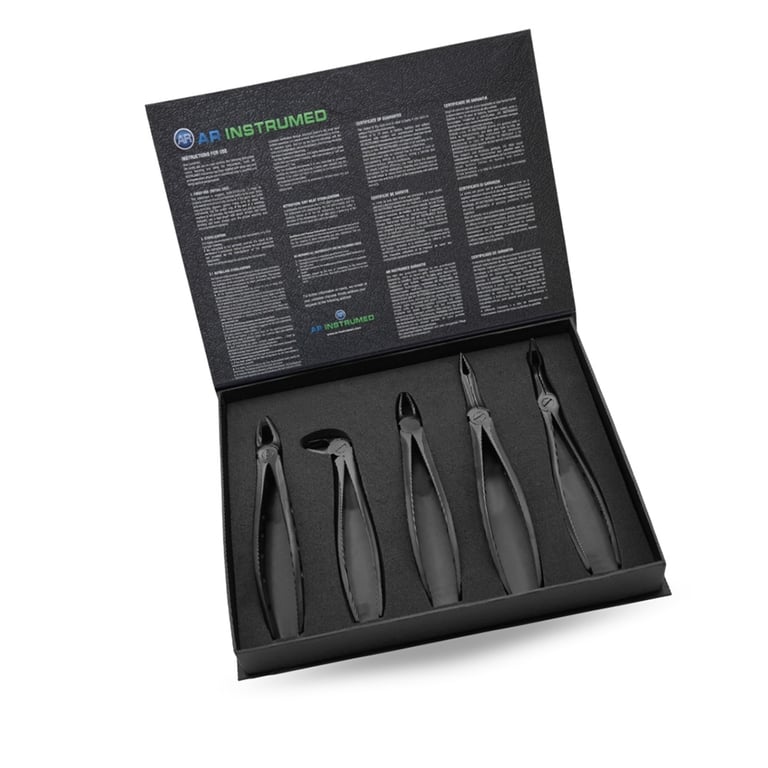 AR Instrumed Stainless Steel Extracting Forceps 5-Piece Set. Includes: Black plasma-coated