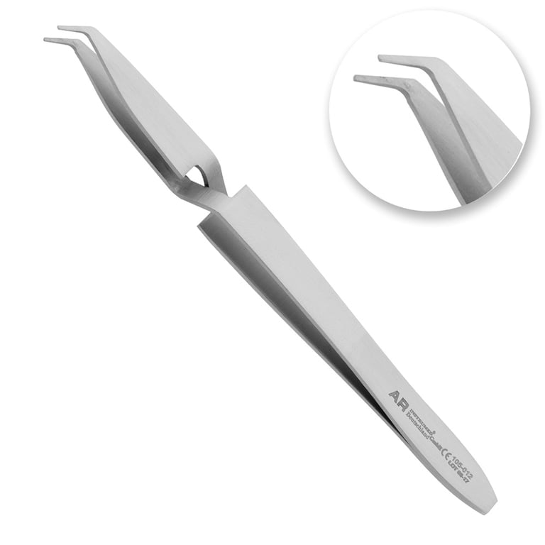AR Instrumed Stainless Steel Orthodontic Bracket Holding Tweezer, Thin Curved Tip, Serrated Jaw