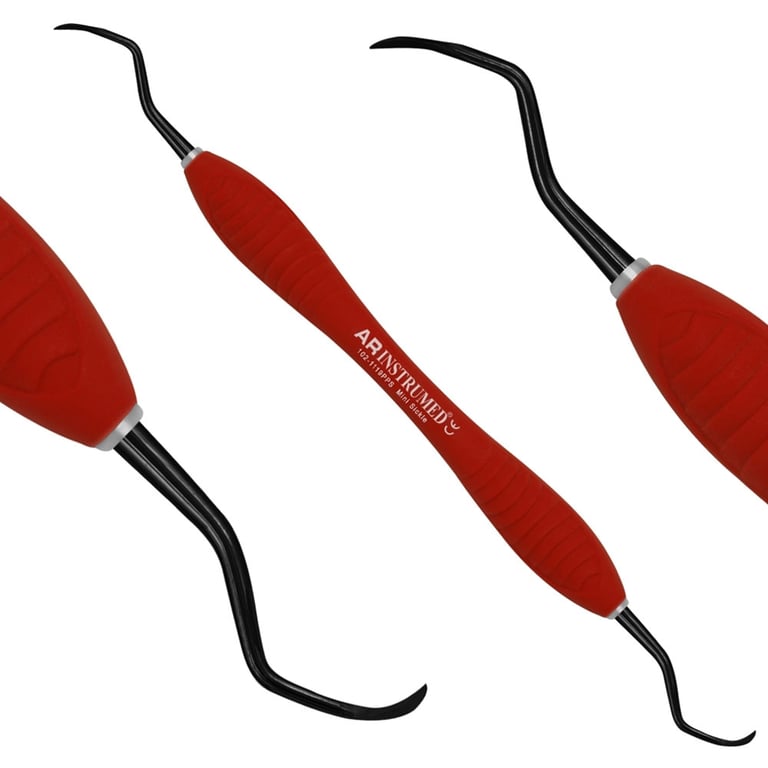 AR Instrumed Stainless Steel Mini Sickle Scaler, AR Premium Plus Red Handle, Titanium Coated Tips