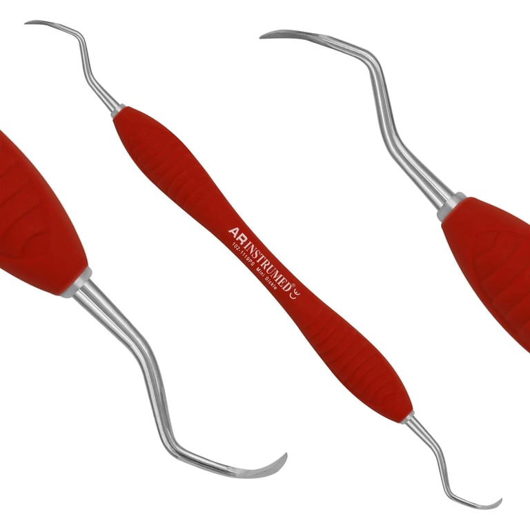 AR Instrumed Stainless Steel Mini Sickle Scaler, AR Premium Red Handle, 1/Pk. Features a polished