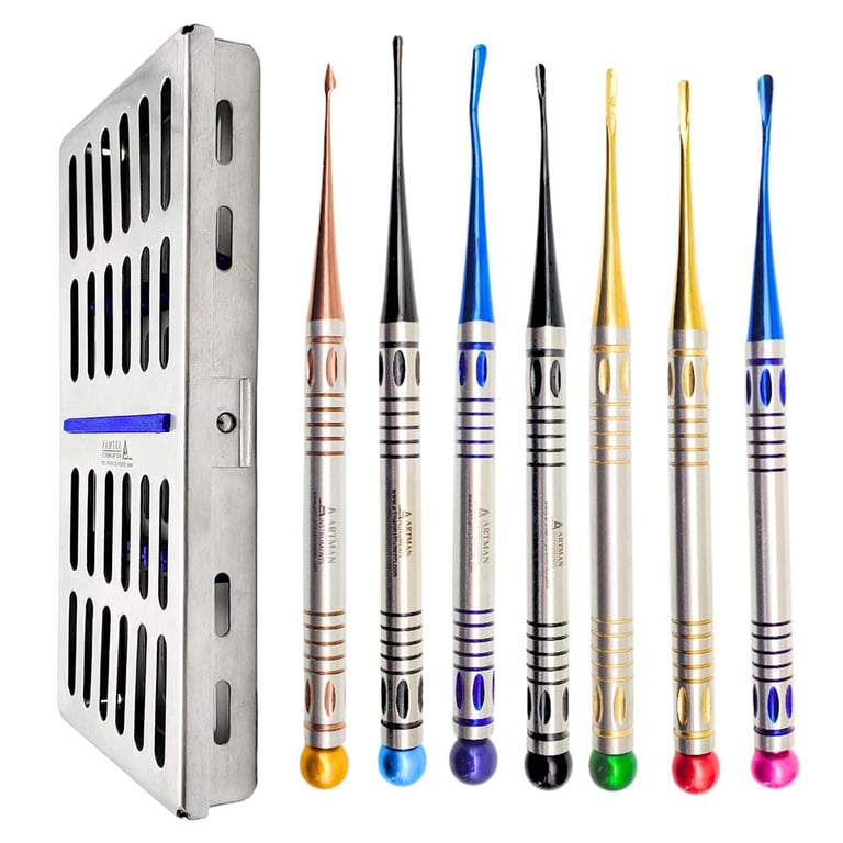 Artman Instruments Mini Root Elevators Set. Includes: 7 x plasma-coated, scratch-resistant tips