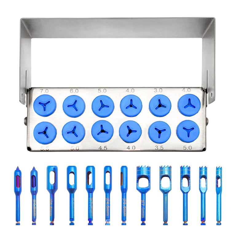 Artman Instruments Dental Trephine Set, 12/Pk. Featuring 5 titanium-coated trephines (34567 mm)
