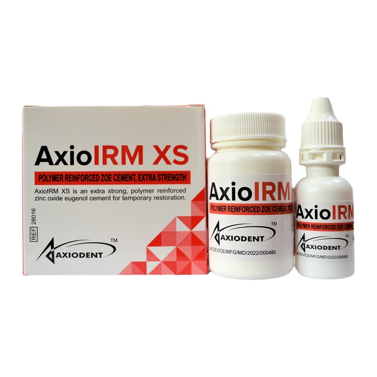 AxioIRM XS Polymer Reinforced ZOE Cement Kit. Includes: 1 x 38g powder, 1 x 14ml liquid, 1 x
