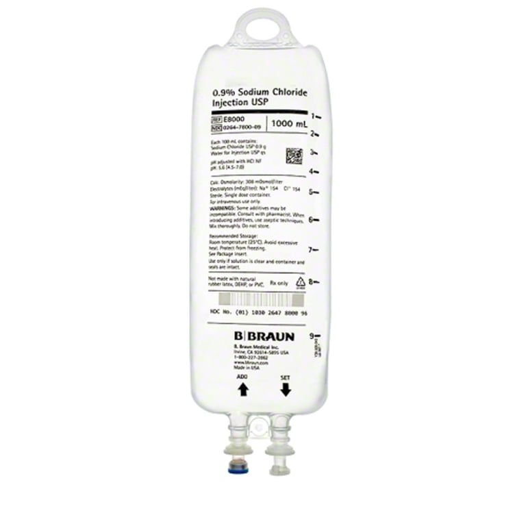 B. Braun Sodium Chloride Injections, 0.9%, 1000ml. Indicated for extracellular fluid replacement