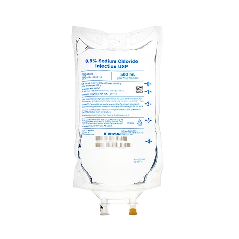 B. Braun Sodium Chloride Injection, 0.9%, 500ml. Sterile. Nonpyrogenic. Iotonic. Contains