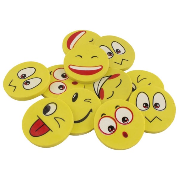 BADER Yellow Smiley Face Fun Eraser, Assorted, 20/Pk. 6 different models. Size: 1.75" round x 1/4"