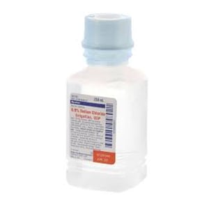 Baxter 0.9% Sodium Chloride Irrigation, 250 mL USP. Plastic Pour Bottle Container. Semi-rigid