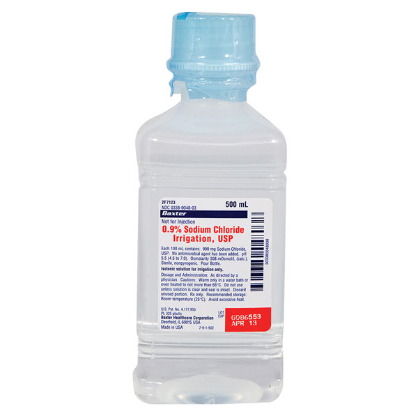 Baxter 0.9% Sodium Chloride Irrigation - 500 mL USP Plastic Pour Bottle. Semi-rigid plastic