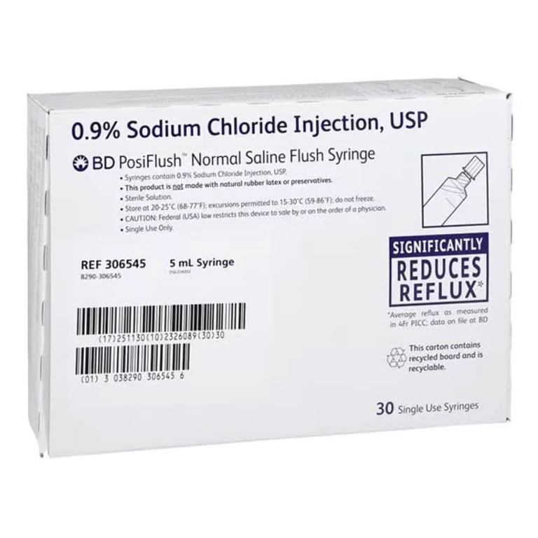 BD PosiFlush 5 mL of 0.9% Sodium Chloride in 10 mL Diameter Syringe, 30/Box, Case of 16 Boxes