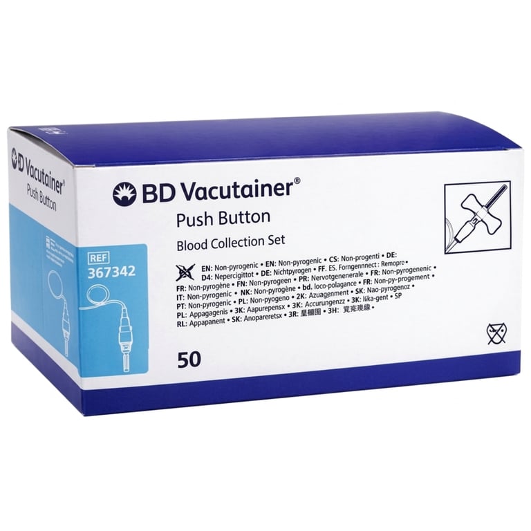 BD Vacutainer Push Button Blood Collection Set, 23 Gauge x 3/4", 12" Tubing, 50/Box. Retracts