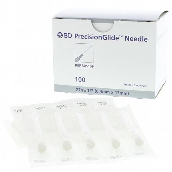 BD General Use Sterile Hypodermic Needle. Regular Wall, Regular Bevel. 27 G x 1/2" Needle. Package