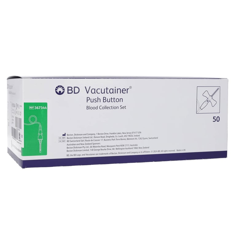 Vacutainer 21G x 0.75" Push Button Blood Collection Set, Winged Safety with 12" Tubing, 50/Pk