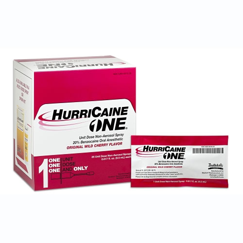 HurriCaine One Unit Dose non-aerosol spray 0.5ml each, 2/Bx. 20% Benzocaine oral anesthetic spray