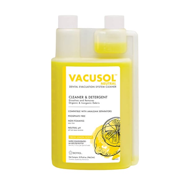 Vacusol Neutral Dental Evacuation System Cleaner, 32 oz Bottle. Dual-action concentrated cleaner