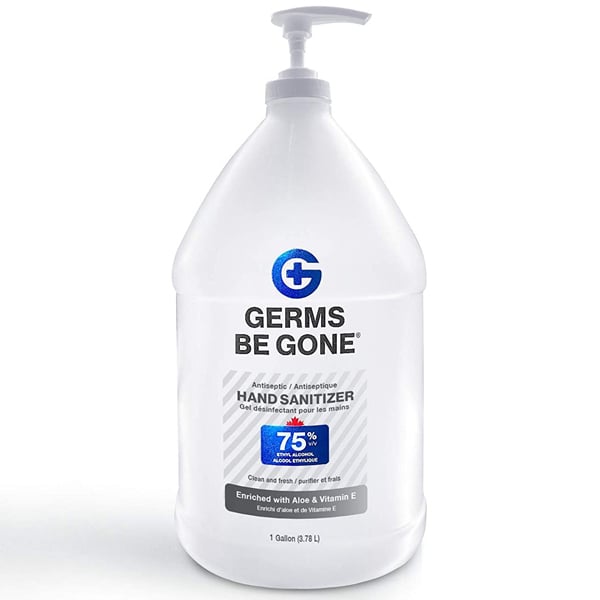 Germs Be Gone Hand Sanitizer Gel, 75% Ethyl Alcohol, 1 Gallon Pump Bottle. Enriched with aloe