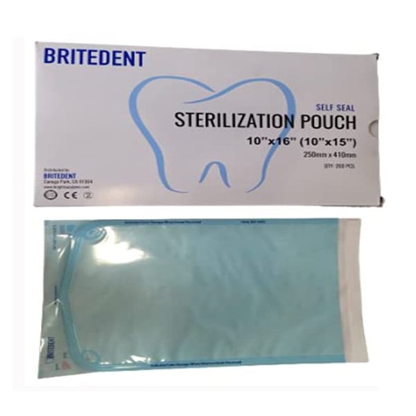 Britedent 10" x 16" (10" x 15") Self-Sealing Sterilization Pouch, Case of 5 x 200/Box. Paper/blue