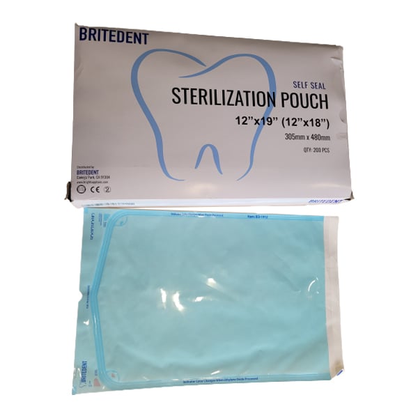 Britedent 12" x 19" Self-Sealing Sterilization Pouch, 200/Box. Paper/blue film with color changing