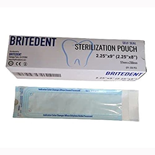 Britedent 2.25" x 9" Self-Sealing Sterilization Pouch, 200/Box. Paper/blue film with color
