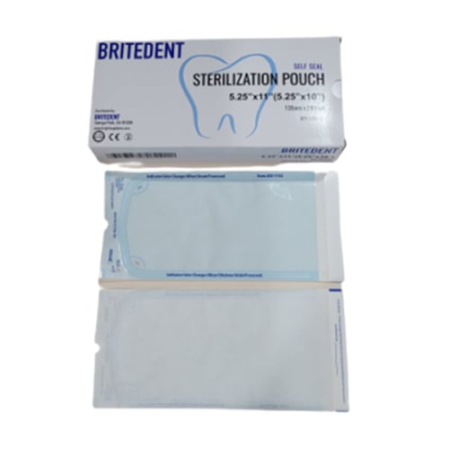 Britedent 5.25" x 10" Self-Sealing Sterilization Pouch, 200/Box. Paper/blue film with color