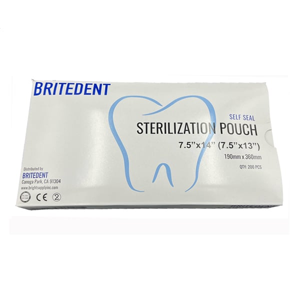 Britedent 7.5" x 14" Self-Sealing Sterilization Pouch, 200/Box. Paper/blue film with color