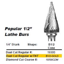 Abbott-Robinson B-1/2 dual cut cone shaped tungsten carbide lathe bur, regular cut. Single bur