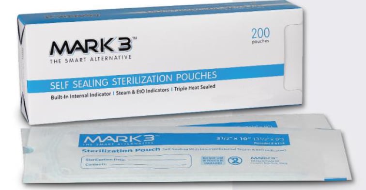 MARK3 5-1/4" x 7-1/2" (5-1/4" x 6-1/2") Self-Sealing Sterilization Pouch, 200/Box. Triple heat