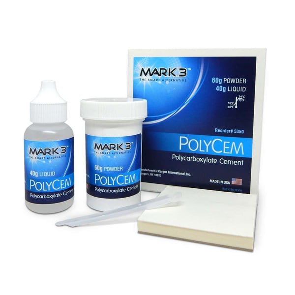 MARK3 PolyCem Polycarboxylate Luting Cement - 60 g Powder & 40 mL Liquid. Used primarily
