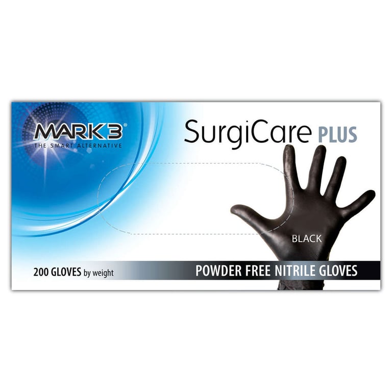 MARK3 SurgiCare Plus Black Powder-Free Nitrile Exam Gloves, Medium, 200/Box. Offers exceptional