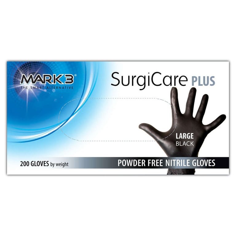 MARK3 SurgiCare Plus Black Powder-Free Nitrile Exam Gloves, Large, 200/Box. Offers exceptional