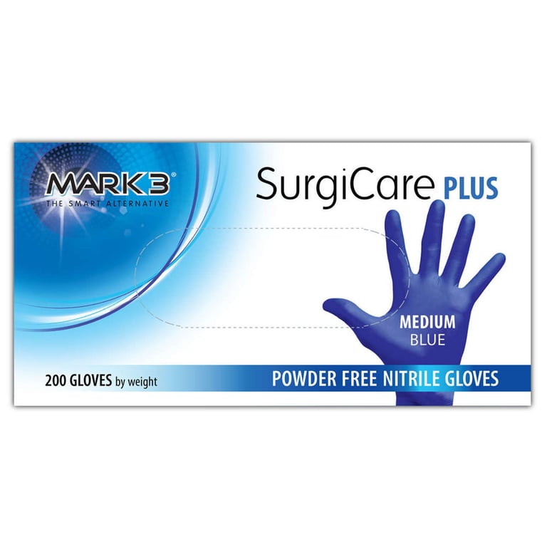 MARK3 SurgiCare Plus Blue Powder Free Nitrile Exam Gloves, Medium, 200/Box. Offers exceptional