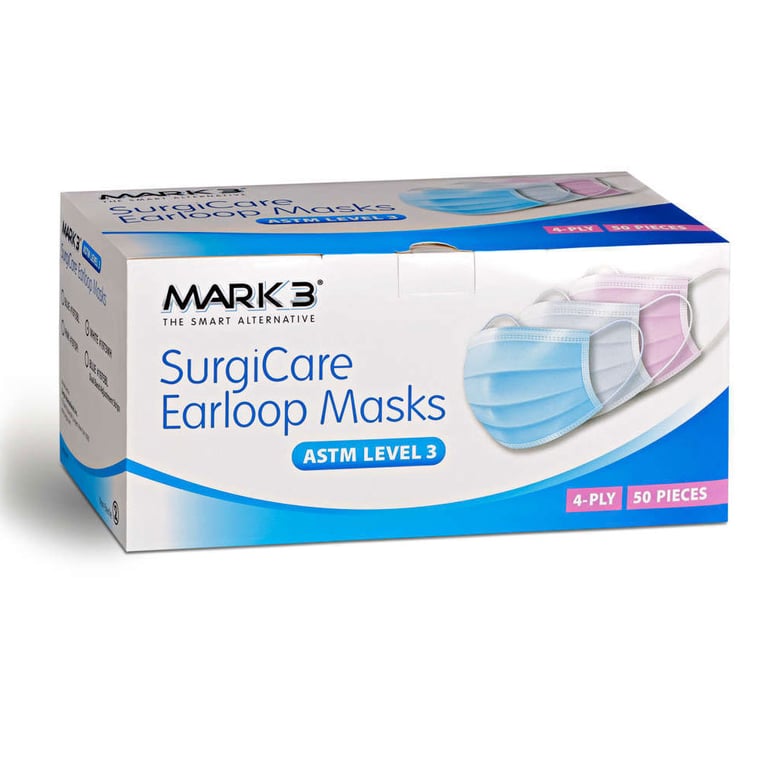 MARK3 SurgiCare Dual Band, 4-Ply Earloop Face Masks, ASTM Level 3, Blue, 50/Box