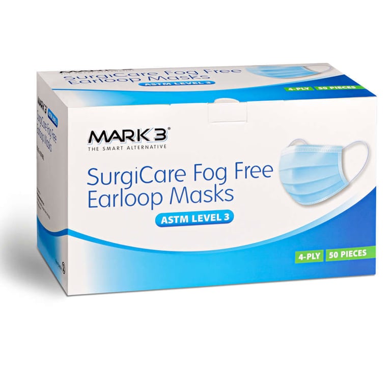 MARK3 SurgiCare 4-Ply, Fog Free Earloop Face Masks, ASTM Level 3, Blue, 50/Box