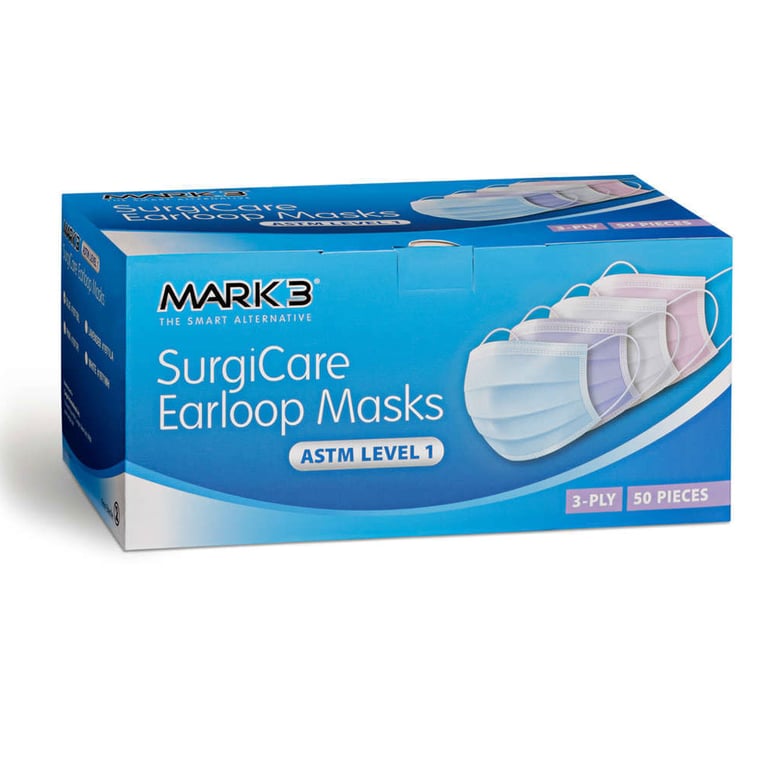 MARK3 SurgiCare 3-Ply, ASTM Level 1 Earloop Face Masks, Blue, 50/Box