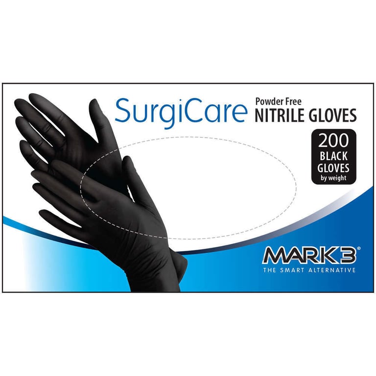 MARK3 SurgiCare Nitrile Exam Gloves, Powder Free, Large, Black, 200/Box